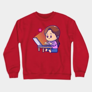 Cute Girl Working On Laptop Cartoon Crewneck Sweatshirt